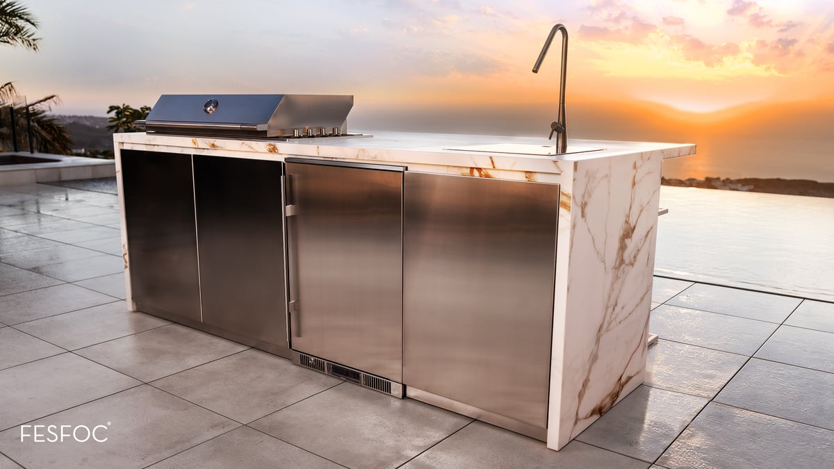 FESFOC outdoor kitchen at sunset with the Sea in the background